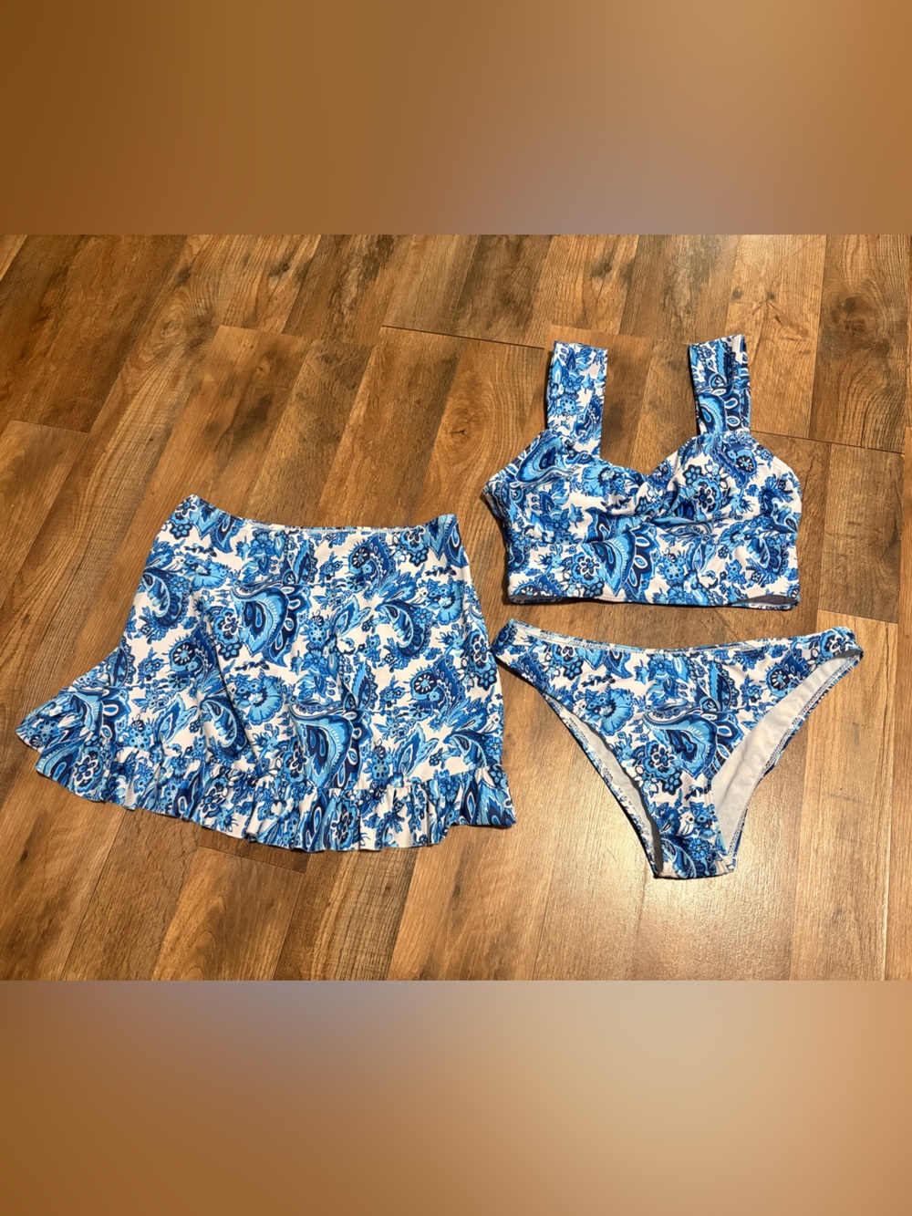 SHEIN Blue White Paisley 3-Piece Swim Set with Skirt
